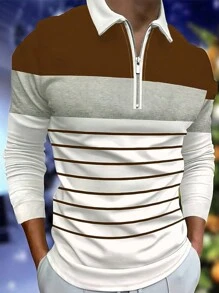 Manfinity Homme Colorblock Striped Print Half Zip Up Long Sleeve Casual Polo Shirt