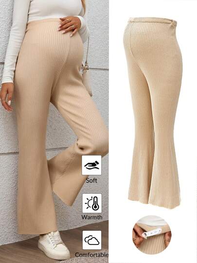 SHEIN Gravid Enfärgad knapp Ribbstickade Casual Byxor