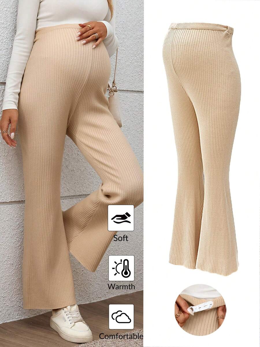 SHEIN Maternity Solid Color Button Rib Knit Casual Pants