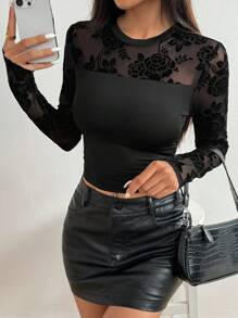 Chiquease 1 pezzo Maglietta casual da donna a maniche lunghe, con scollo tondo, con inserti in pizzo e tinta unita - nero - Visualizzare 4