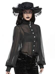ROMWE Áo cánh voan mỏng bán trong suốt tay đèn lồng phong cách cung điện Gothic dành cho nữ, có lớp lót bên trong & áo bikini bằng vải satin - màu đen - Xem 3