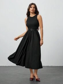 SHEIN Tall 女士纯色夏季无袖 A 字形连衣裙（配腰带）、返校季、秋季女装、万圣节连衣裙、狂欢节服装、早午餐女士服装、秋季连衣裙、返校节连衣裙、音乐会女士服装、暗黑学院风、文艺复兴时期连衣裙 - 黑色 - 查看 6