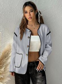 SHEIN EZwear 女式休闲宽松外套，带按扣前袋，秋季