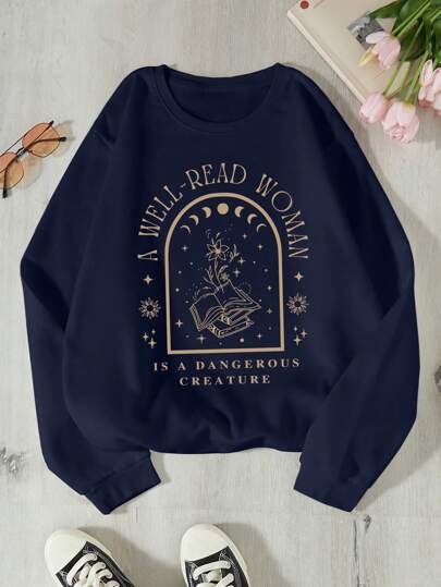 INAWLY 大码字母印花圆领休闲套头衫