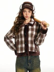 Teen Girls' Woven Plaid Collar Open Front Long Sleeve Casual Jacket With Fluffy Trim, Autumn & Winter