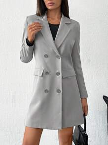 SHEIN PETITE Double-Breasted Suit Jacket And Skirt Set - Grey - View 5