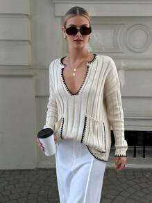 Damski głęboki dekolt w serek, kieszeń z przodu, ręcznie szyty, fajny sweter Czy