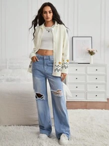 GARFIELD | SHEIN Áo len cardigan dệt kim in chữ và mèo giản dị cho nữ tay áo raglan cài nút - trắng - Xem 4