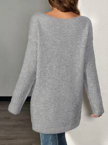 Chiquease 1pc Women Crewneck Contrast Rib Knit Sweater, Gray, Warm For Winter Knit Pullover Fall Outfit - Grey - View 2