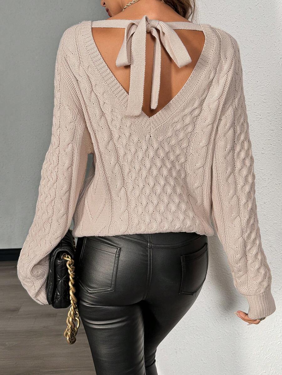 SHEIN Unity Suéter de punto con lazo decorativo y espalda descubierta, color caqui, para mujer, para otoño e invierno - Caqui - Ver 1