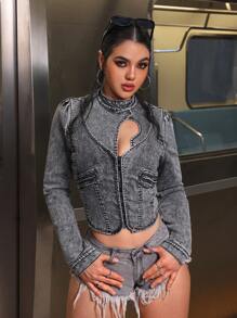 SHEIN EZwear Women Front Button Closure Solid Color Hollow Out Fitted Long Sleeve Denim Jacket