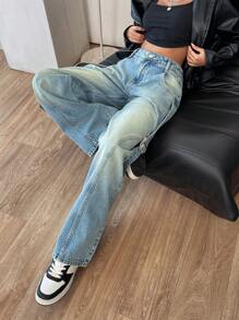 RueChic Low Waist Wide Leg Vintage Wash With Cat's Whiskers Adjustable Side Belt Jeans - Medium Wash - View 5