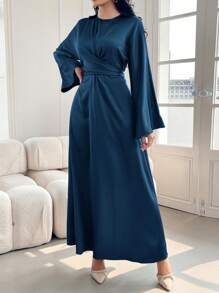 Modelyn Women's Solid Color Satin Finish Elegant Waist Cinched Dress,Elegant Evening Party Dress Long Evening Dresses