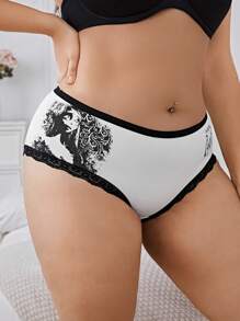 Corpse Bride X SHEIN 2 chiếc quần lót ren in họa tiết màu đen và tím cỡ lớn thoải mái thường ngày cho nữ - trắng - Xem 1