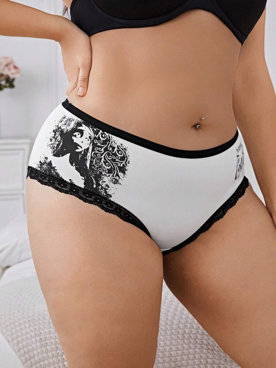 Corpse Bride X SHEIN 2 chiếc quần lót ren in họa tiết màu đen và tím cỡ lớn thoải mái thường ngày cho nữ - trắng - Xem 1