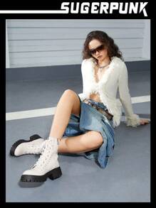 Sugerpunk Women's White Moto Boots With Rivet Decor, Knight Boots, Ankle Boots - Black - View 5