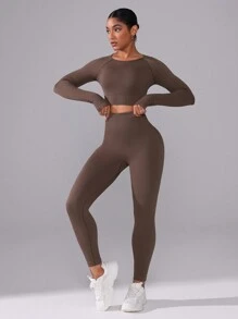 Easithlete 1 套纯色圆领长袖上衣和长裤及无缝高弹力运动套装女士健身套装女士紧身裤套装 - 棕色 - 查看 5