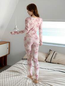 DAZY Floral Print Asymmetric Neckline Fitted Pajama Set - Pink - View 2