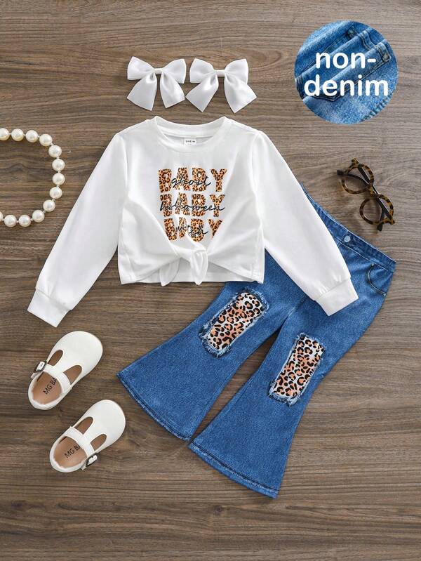 SHEIN Fetiță drăguță cu imprimeu leopard cu mânecă lungă și pantaloni evazați 2 buc ținută, toamnă/iarnă