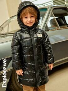 SHEIN Young Boy Winter Casual Glossy Hooded Long Length Padded Coat