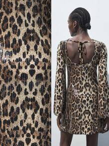 SHEIN Maija Damen Midi Kleid mit Leoparden Muster, paillettenbesetzt, lange Ärmel, tailliert, elegant für Schulanfang, Ferien, Party, Stadtreisen - Neuankömmling Herbst Winter