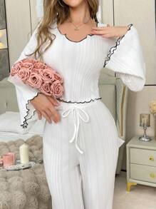 女士休闲优雅撞色饰边喇叭袖上衣和裤子家居服套装，秋季 - 白色 - 查看 4