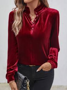 SHEIN LUNE Chemise élégante à col montant et manches bouffantes unicolore, automne