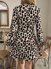 SHEIN VCAY Women's V-Neck Ruffle Trim Button Waist Flared Vintage Leopard Print Holiday Dress, Autumn/Winter - Multicolor - View 2