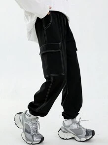 2pcs Casual Tween Boys Contrast Stitching Plain Long Pants Set, Versatile Daily Outfit - Multicolor - View 5