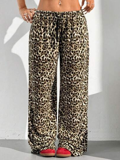 SHEIN EZwear Plus Size Retro Casual Leopard Print Knitted Wide-Leg Pants Graduation,Back To School Outfits,Graduation,Teacher Outfits For Women,Back To School