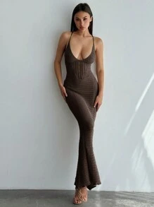 Aloruh Robe longue moulante élégante avec décolleté en V profond, à fines bretelles, dos nu et bandes bandage