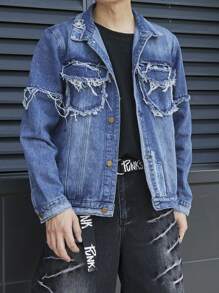 Manfinity Roghcode Men's Casual Distressed Denim Jacket For Autumn - Blue - View 1