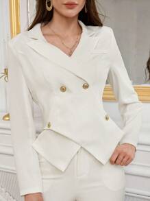 Modelyn 女士纯色双排扣不对称下摆优雅长袖西装外套