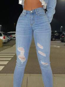 Women's European & American Style Slimming Butt Lifting Skinny Jeans - 淺色水洗藍 - 查看 3