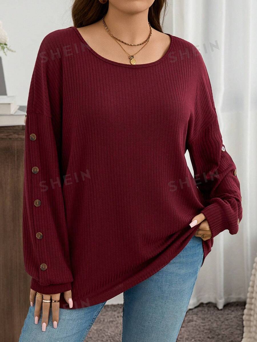 EMERY ROSE Camiseta casual holgada de manga larga, cuello redondo y hombros caídos en unicolor para mujeres de talla grande. Conjunto para otoño, Navidad, Año Nuevo y fiesta de Nochevieja en color burdeos para días festivos