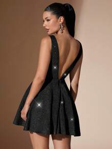 SHEIN BAE 女士深 V 领荷叶边迷你露背派对礼服，亮片鸡尾酒短裙，适合校友聚会 - 黑色 - 查看 2