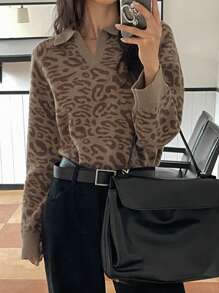 DAZY Jersey casual con mangas raglán con estampado de leopardo para mujer, otoño/invierno - Gris - Ver 8