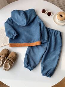 SHEIN Set de 2 piezas Chaqueta con capucha de media cremallera y hombros caídos + Pantalones de cintura elástica para niño/niña bebé, casual para uso cotidiano, adecuado para el otoño/invierno