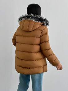 RueChic Contrast Faux Fur Hooded Short Line Puffer Winter Coat - Camel - View 2