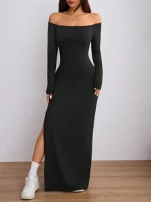 Flirla 1 chiếc váy Maxi hở vai xẻ cao tay dài màu đen dành cho nữ - màu đen - Xem 6