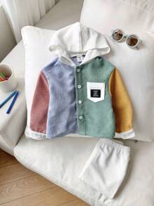 SHEIN 2pcs Set Baby Boy Colorful Monotone Contrast Color Hooded Loose Drop Shoulder Lightweight Jacket Top & White Long Pants Casual Outfit, Soft Corduroy Fabric Suitable For Daily Wear, Indoor, School, Travel