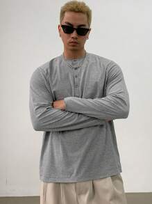 DAZY 1pc Men Plain Color Front Button Long Sleeve Casual T-Shirt Fall,Winter - Grey - View 3
