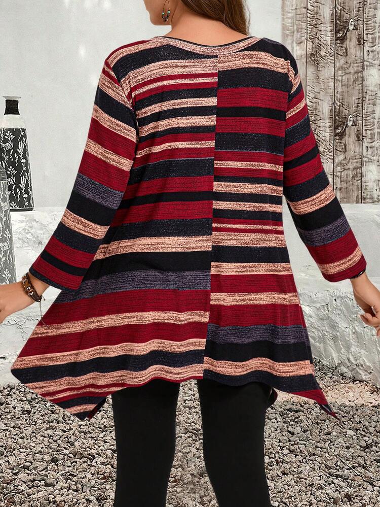 Plus Size Casual Striped Asymmetric Hem T-Shirt,Winter Women Clothes