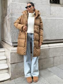 EURMUSE Camel Hooded Padded Long Winter Coat - Camel - View 3