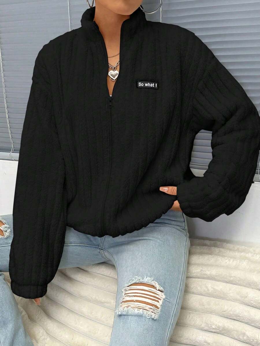 Flirla 休闲字母刺绣细节立领毛绒夹克，秋冬 - 黑色 - 查看 1