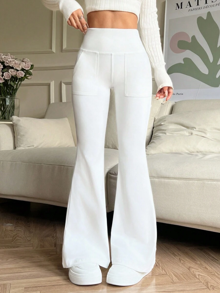 SHEIN EZwear Quần tập yoga cạp cao đơn giản tối giản cho nữ, mặc thường ngày - trắng - Xem 1