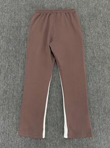 PAVTROS 1 件男士 Y2k 美国街头嘻哈风格拼布休闲运动裤，男友礼物，长款抽绳宽松喇叭形拼色运动裤，适合丈夫 - 棕色 - 查看 2