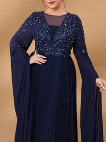 Serin Plus Size Elegant Luxury Rhinestone And Pearl Embroidery Blue Long Sleeve Chiffon Ruffle Flared A-Line Dress For Formal Dinner Event Mother Of The Bride Evening Dress