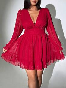Viva Relle Valentine Plus-Size Women's New Year Red Deep V-Neck A-Line Chiffon Embroidered Dress Fall - Burgundy - View 4