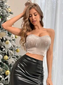 SHEIN Privé 女士性感水晶装饰抹胸上衣，适合派对穿着 - 香檳色 - 查看 5